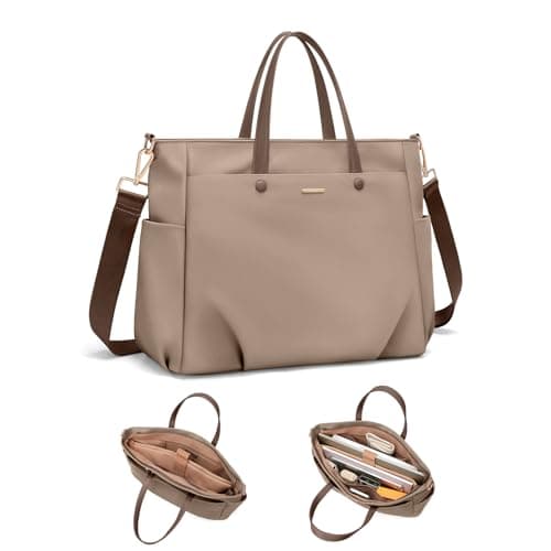 15 Inch Laptop Tote Bag for Women, Lightweight Nylon Work Shoulder Bag, Water-Resistant Computer Handbag with Pockets for Business Travel & Commute (Champagne)