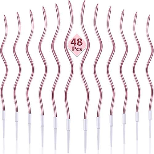 48 Pieces Twisty Birthday Spiral Cake Candles with Holders Long Thin Curly Coil Metallic Cake Cupcake Candles for Birthday Wedding Party Decoration(Metallic Rose Gold)