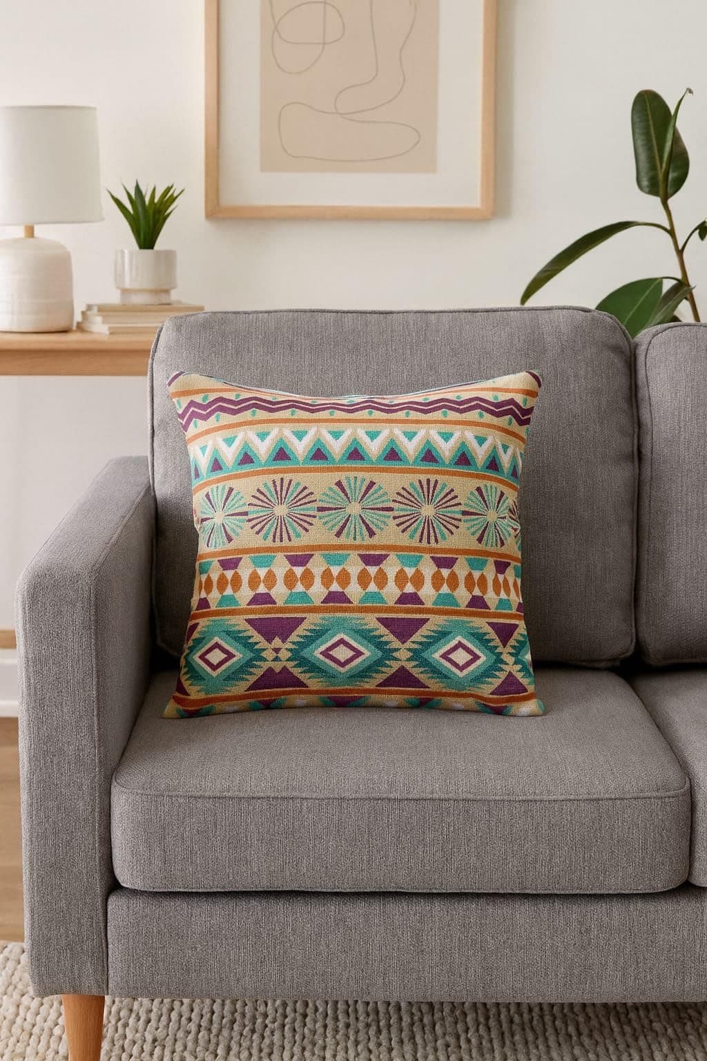 AMAZE ATTIRES Set of 3 Printed Jute Cushion Covers – Large Decorative Throw Pillowcases for Couch, Sofa, Home Decor – 24 x 24 Inch (MULTIBLUE)