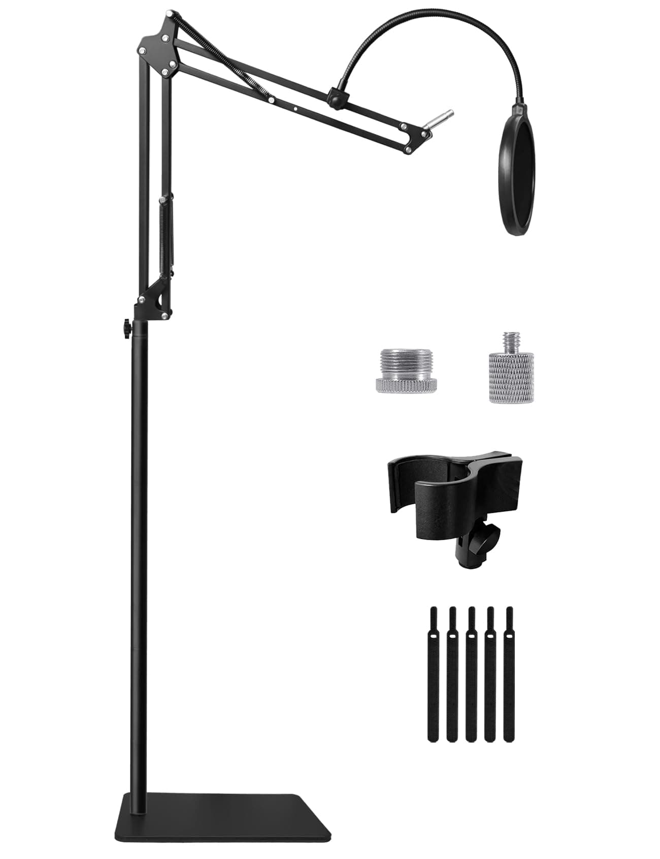 Mic Stand Floor Boom Arm with 6.6lbs Weighted Base for Blue Yeti, Nano, Snowball, HyperX QuadCast, SM7B MV7, Fifine K688 and More Mic, Floor Microphone Stand with 3/8" to 5/8" 1/4" Screw, Pop Filter