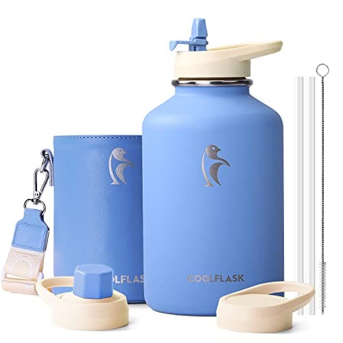Coolflask 64 oz Water Bottle Insulated with PU Leather Sleeve, Half Gallon Water Bottle Color Contrast with Straw Lids, Stainless Steel Metal Large Water Jug, Keep Cold 48h Hot 24h,Sky Blue