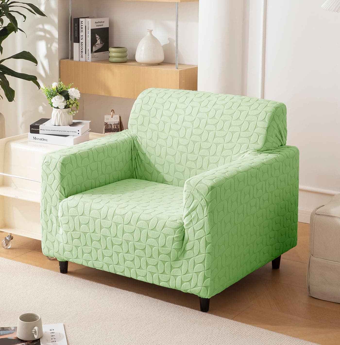 House of Quirk Universal Single Seater Jacquard Fabric Texture Sofa Cover 220 GSM Soft Touching Cover for Couch Flexible Stretch Sofa Slipcover (Green, 90-145CM)