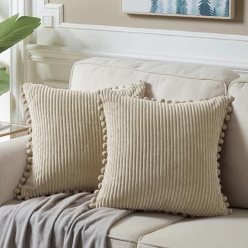 Fancy Homi Pack of 2 Tan 20x20 Inch Decorative Throw Pillow Covers with Pom-poms, Soft Corduroy Solid Square Cushion Cases Set for Living Room Couch Sofa Bedroom Car (20x20 Inch/50x50 cm, Khaki)