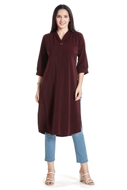 nioni Women’s Straight Solid Kurti with V-Fold Neck | Rayon Lycra Material | Fashionable Micro Pleates | 3/4th Sleeve Kurta for Woman & Girls (Wine, L)