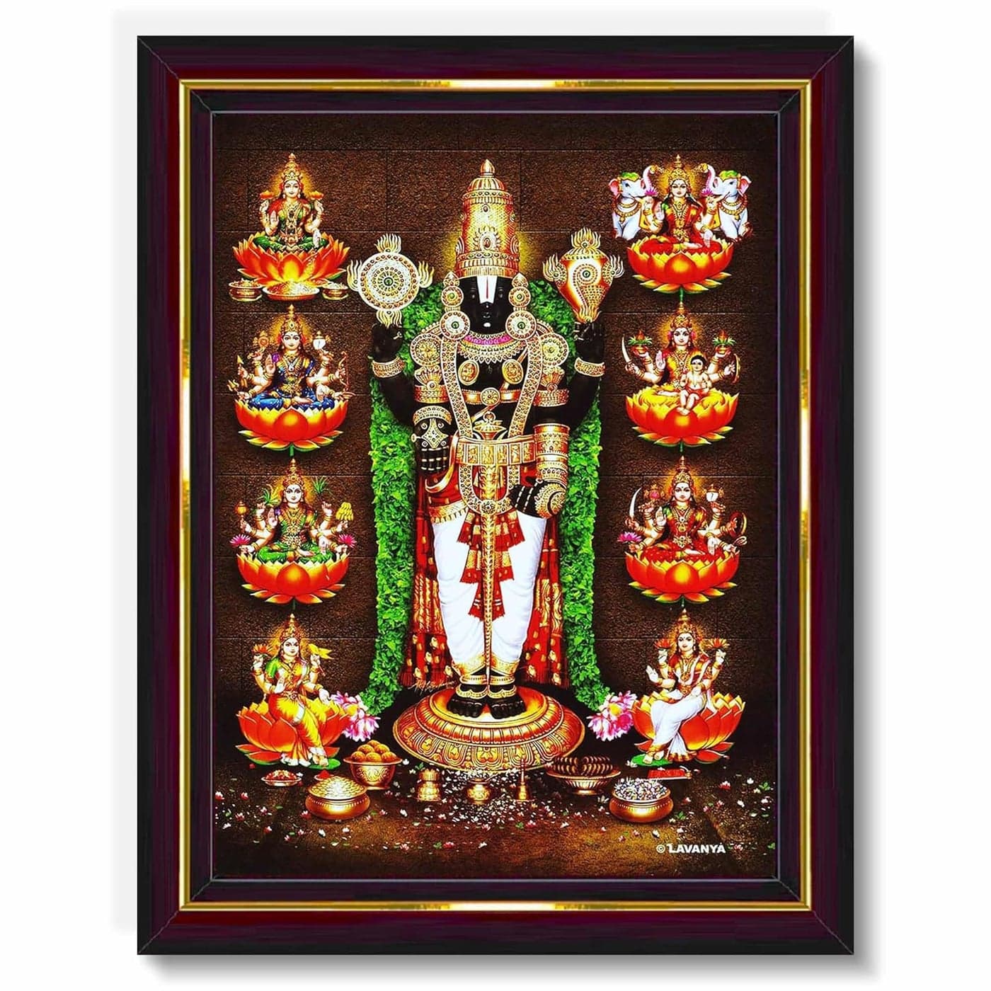 Pavan Photo Laminations Tirupati Balaji Lakshmi Venkateshwara Swamy Wall Painting Framed Home Decor WoodMatteBrownSmall Size6 x 8 Inch B471S