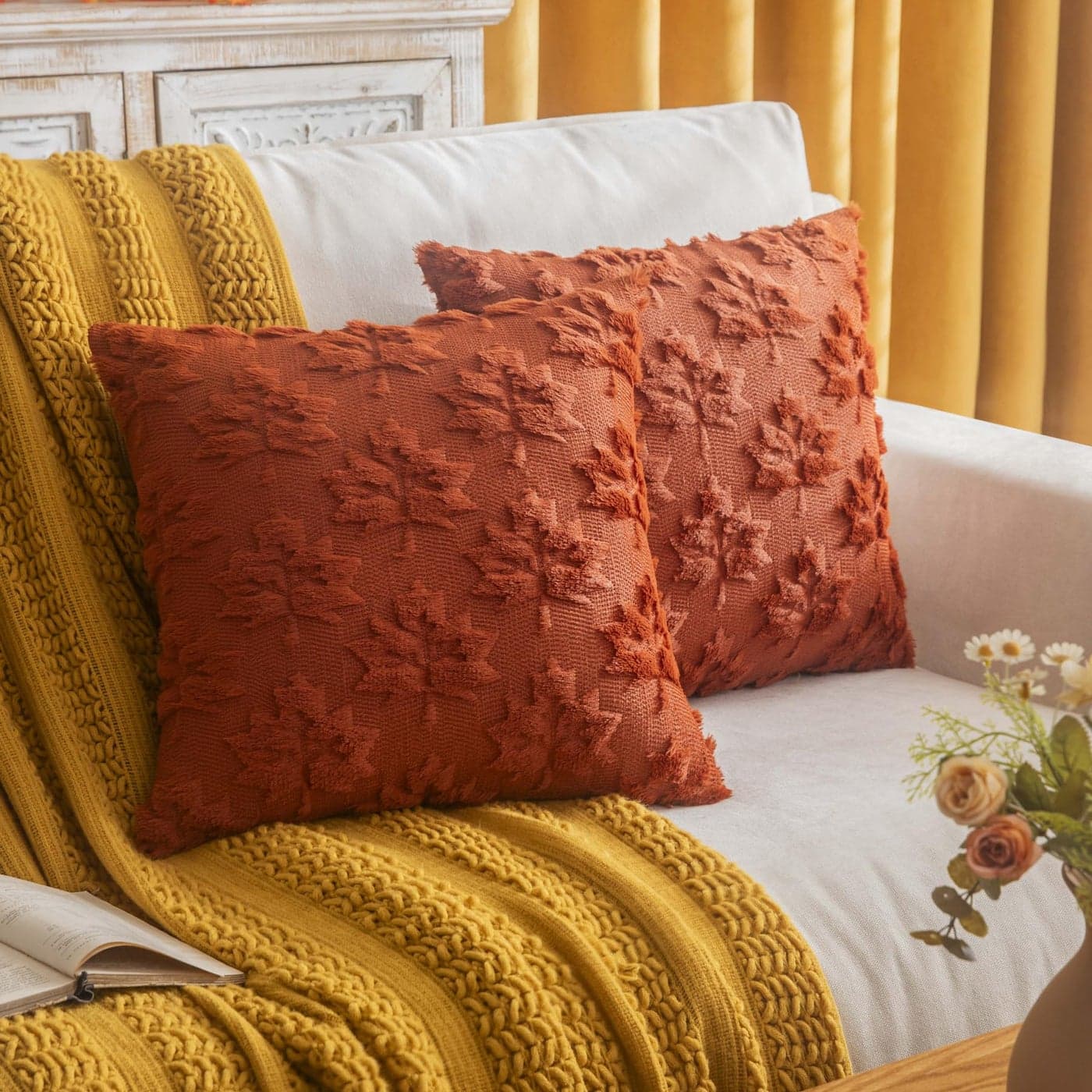 COSIBONO Maple Leaf Fall Throw Pillow Covers 18x18 Set of 2 Caramel Farmhouse Decorative Pillow Covers for Autumn Harvest Holiday Accent Pillow Cases Faux Fur Pillow Covers for Couch Bed Room