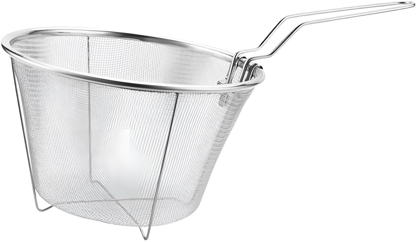 Alark Stainless Steel Round Wire Mesh Drain Small Frying Basket with Folding Handle Deep Fry Basket Kitchen Cooking Strainer Colander for French Fries Serving Food for Restaurant Home 30x18x10 CM