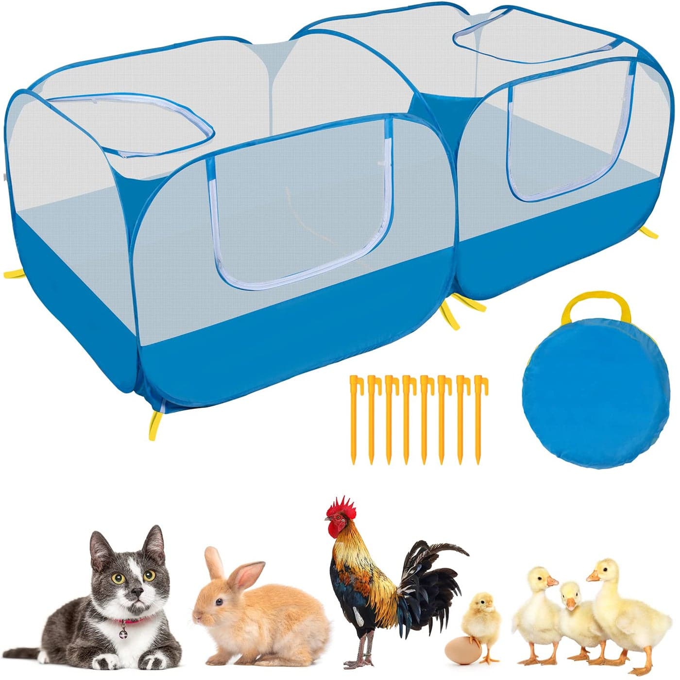 Small Pet Animals Playpen Cage Tent Enclosure Large Chicken Run Coop with Breathable Transparent Mesh Walls Pop Open Indoor Outdoor Exercise Yard Fence for Chicks and Cat Blue