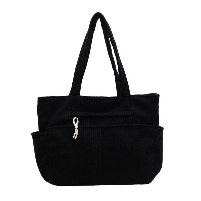 Kawn® Korean Tote Bag Aesthetic Corduroy Canvas Handbag for Women Zipper Casual Large Capacity Shoulder Bag with Multi Pockets Versatile Everyday use for College Work Beach Travel (Black)