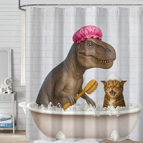 Funny Cat Dinosaur Shower Curtain Cute Fun Dino Cat Bathe Shower Curtains for Bathroom Kids Boys Cool Unique Whimsical Waterproof Fabric Bath Curtain Decor 72 X 72 Inches