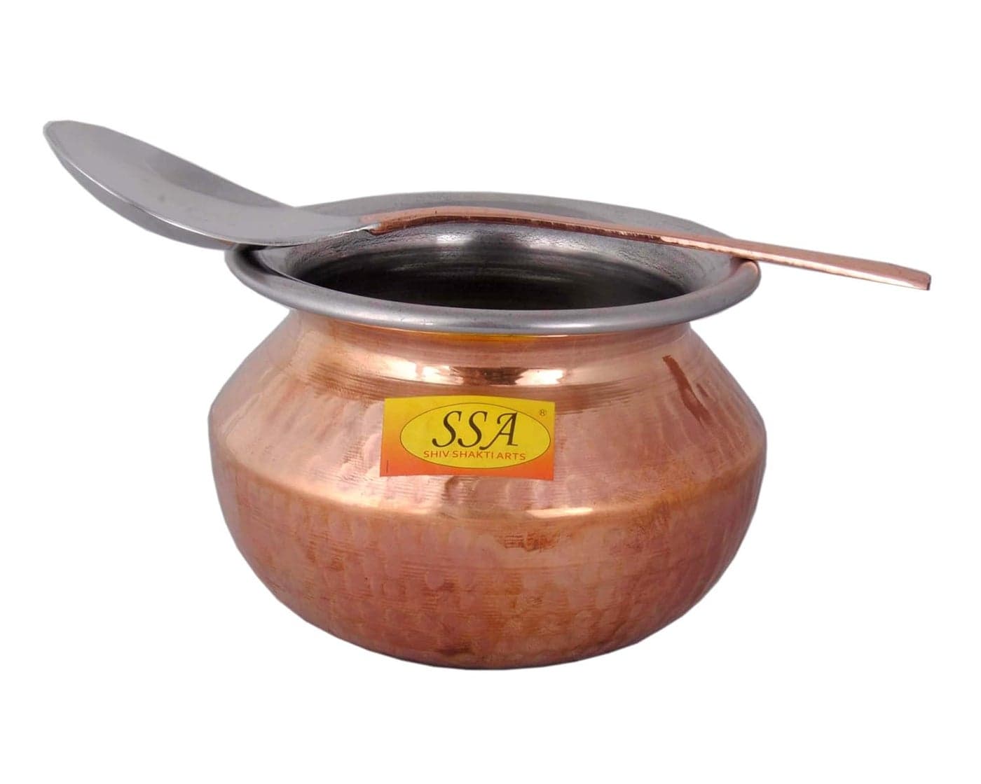 Shiv Shakti Arts® Steel Copper Handi with Serving Spoon - Punjabi & Rajasthani Design - for Serving Food(No.3-800 ML)