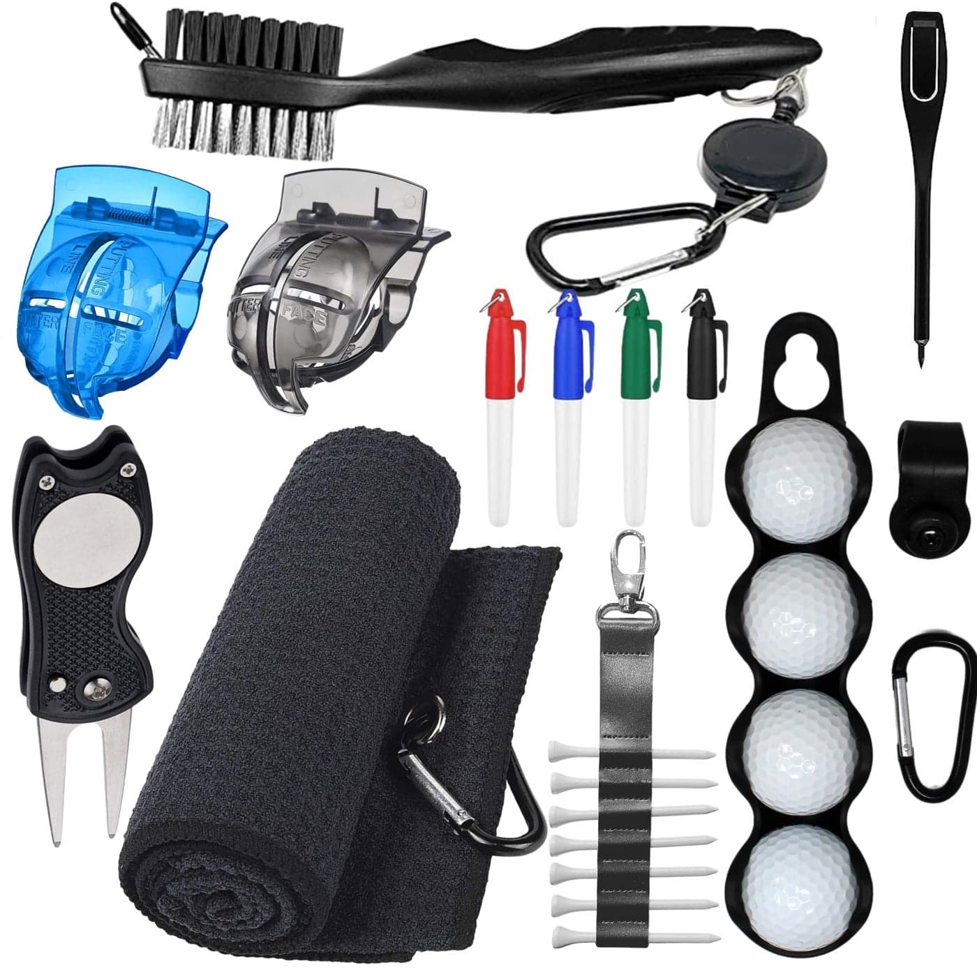 RE GOODS Golf Accessories Kit Includes Towel Ball Holder Brush Divot Repair Tool 2 Ball Alignment Stencil Tee Holder Putting Marker 4 Permanent Markers Pencil