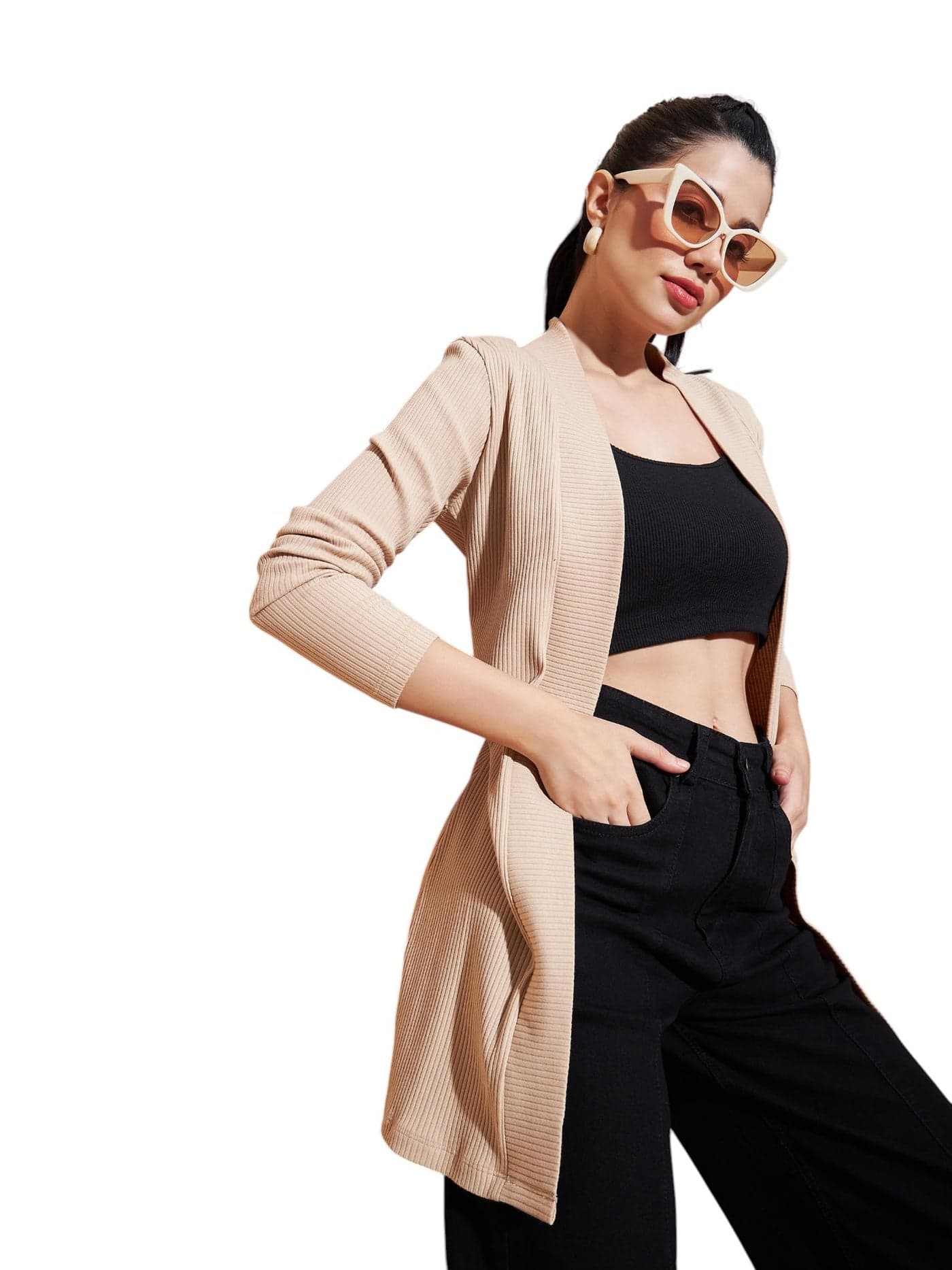 SASSAFRAS Basics Women's Beige Full Sleeves Rib Shrug-XS