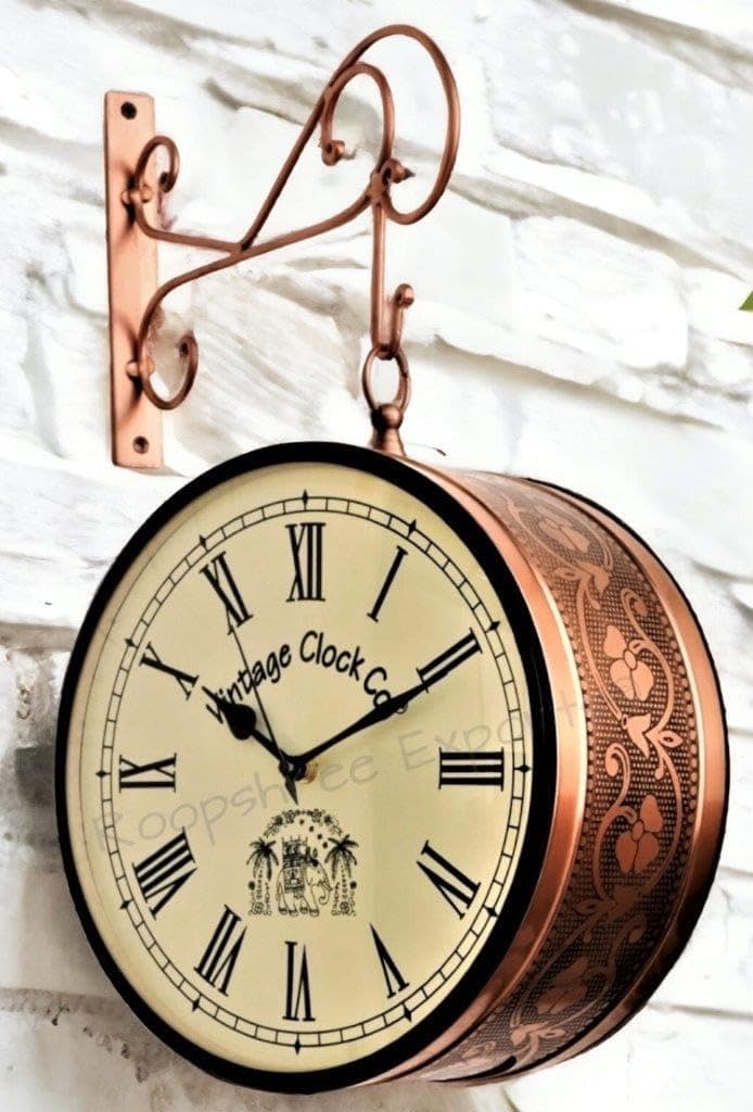 Vintage Clock Iron Handcrafted Double Side Clock with Roman Numbers 1 Year Warranty (8 Inches Size, Rose Gold Finish, Floral Design, VC-65471), Analog