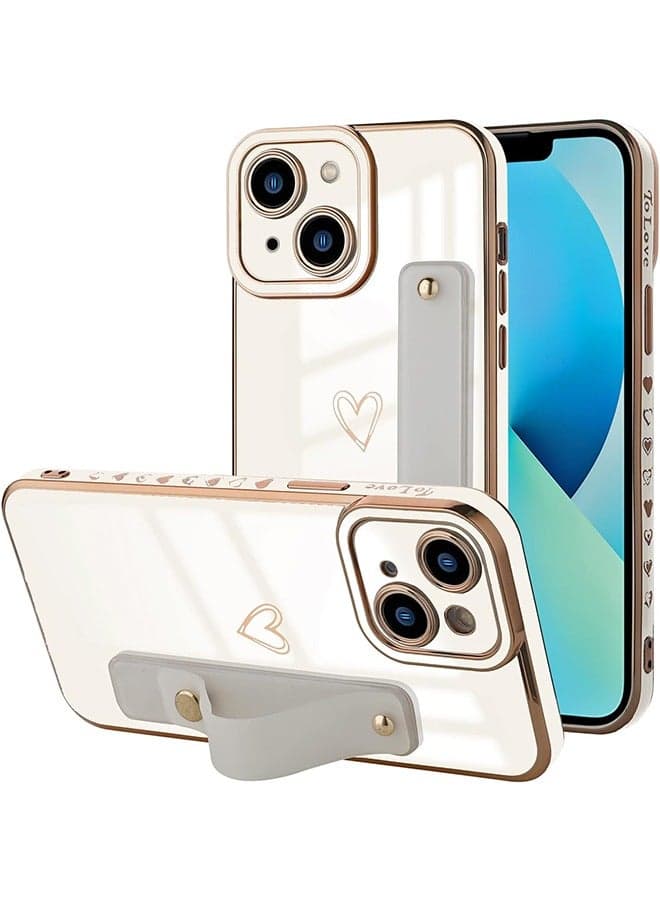 Luxury White iPhone 13 Case with Gold Heart Plating Bumper Adjustable Hand Strap and Stand Full Body Shockproof Protective Cover for Women