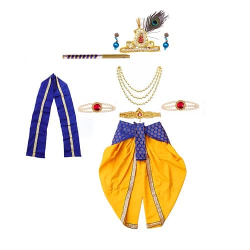 ITSMYCOSTUME Krishna Dress for Baby Boy Kids Set of 10(Dhoti,Patka,Hip Cover,Mukut,Morpankh,Bansuri,Kamarband,Bajuband,Kundal) Little Krishna Ji Kanha Janmasthmi Costume for Kids(Blue Yellow)