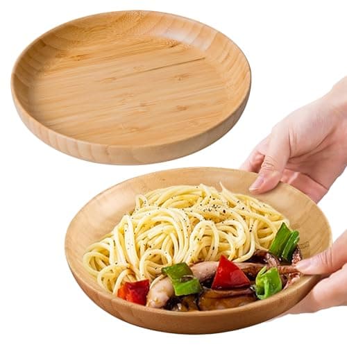 cluzelar 7.5in Round Wooden Plates for Food Bamboo Plates Reusable Dinner Plates Tableware 2PCS Wood Plates Lightweight for Dishes Snack, Dessert Unbreakable Classic Plate