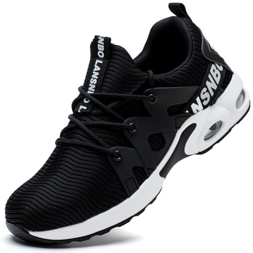 LANSNBO Steel Toe Shoes for Women Indestructible Safety Work Shoes Air Cushion Lightweight Breathable Utility Sneakers Puncture Proof Slip Resistant Composite Toe Footwear(HEI HEI 39 Black,White
