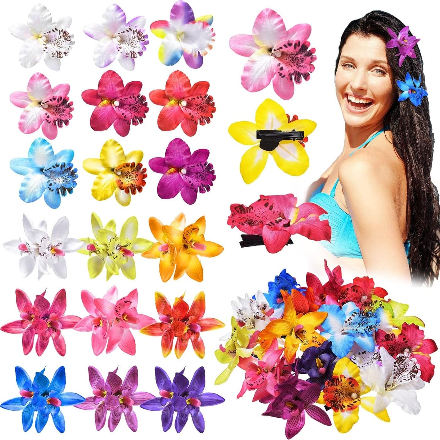 Jexine 18 Pcs Flower Hair Clip for Women Hawaiian Artificial Hibiscus Flower Hair Pins Big Double Chiffon Tropical Flower Hair Summer Accessories for Bridal Wedding Accessory Hair Clip Hair Barrette
