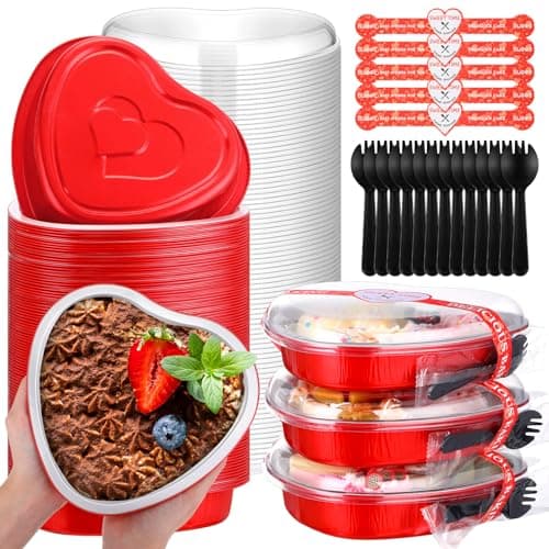 Yinkin 22 oz Heart Shaped Cake Pans Valentine Aluminum Foil Cupcake Cup with Lids and Spoons, Disposable Cake Tins Heart Baking Pan Mini Baking Tins for Valentine Wedding Birthday Party(Red,25 Pcs)