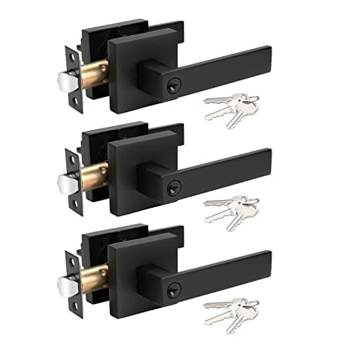 KNOBWELL 3 Pack Matte Black Door Handle Lever Keyed Entry Door Knob Front Leverset Lockset, Matte Black Finish 2.13 lb One Lever(Not Keyed Alike)