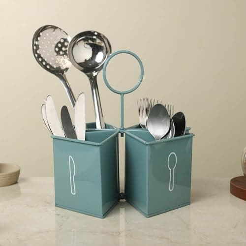 dudki 4-in-1 Metal Cutlery Stand for Kitchen | Knife, Spoon, Fork Organizer | Large Utensil & Spatula Holder for Countertop & Dining Table | Napkin Tissue Paper Multifunctional Stand (Moss- Green)