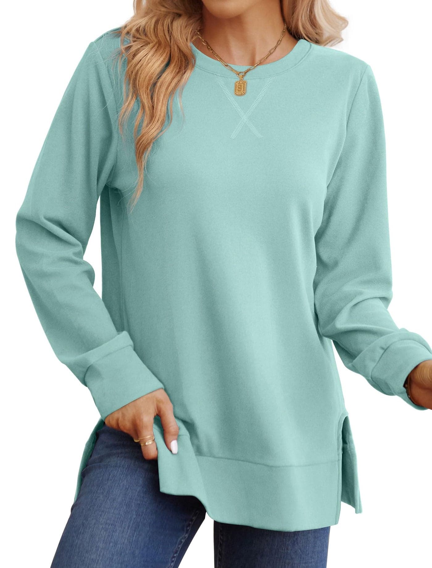 Saloogoe Plus Size Womens clothing Fall Fashion Trendy Lightweight Crewneck Sweatshirt Fall Outfits Winter Clothes Blue Green 2XL