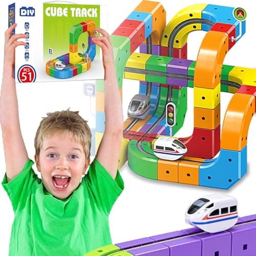 Electric Magnetic Train Track Set 3D AntiGravity Flexible Race Tracks with Motorized Train and Traffic Signs STEM Building Toy for Kids 51PCS