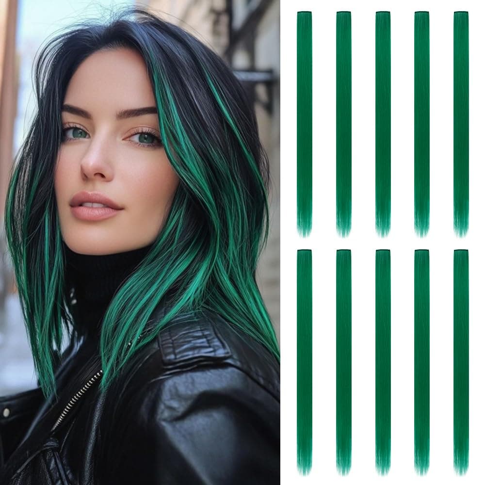 20 Inch Colored Hair Extensions Party Highlights Straight Colorful Clip In Hair Extensions Synthetic Rainbow Hairpieces for Girls Kids Gift10Pcs Green