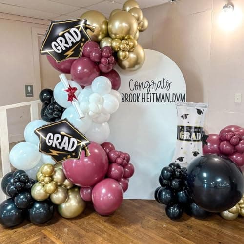 Enanal Graduation Balloon Garland Arch Kit 144pcs Burgundy Black Gold Balloons with Diploma Grad Hat Mylar Balloons for Graduation Decorations Class of 2025 Grad Party Supplies