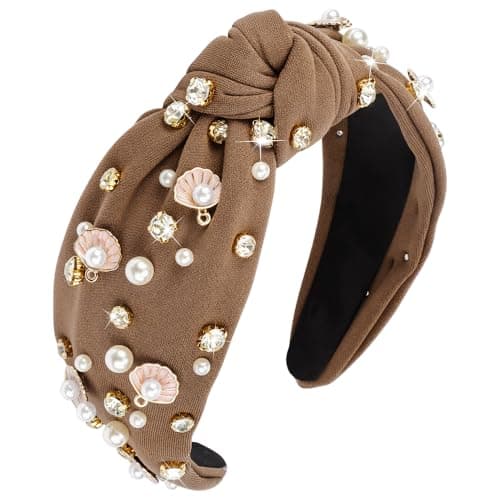 AOPRIE Pearl Headbands for Women Top Knotted Headbands for Girls Hair Bands for Womens Hair Solid Color Turban Wide Headbands for Women Brown 1 Pack