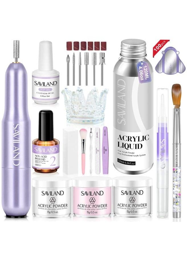 SAVILAND Acrylic Nail Kit with Drill: Professional Salon Nails Kit with Everything Acrylic Powder and Liquid Set Nail Brush Forms Top Gel & Manicure Tools Kit for DIY Extension Carving Home Use