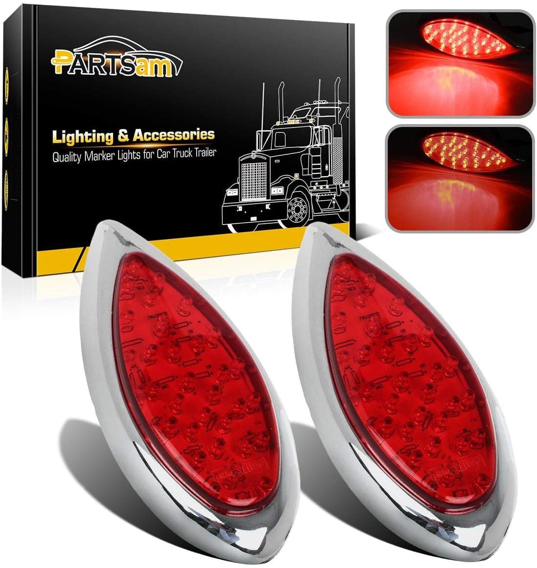 Partsam 2Pcs Red 35 LED Chrome Tear Drop Tail Lights
