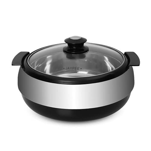 Jaypee Glasserol 1200 ml Stainless Steel Serving Casserole Set | Rustproof Casserole | Toughened Glass Lid PUF Insulated - (Black)