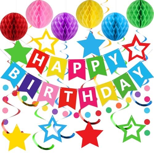 meowtastic Birthday Decorations Happy Birthday Banner with Honeycomb Balls Stars Hanging Swirls Streamers Circle Dots Garland Happy Birthday Party Decorations for Women Men Boys Girls Rainbow