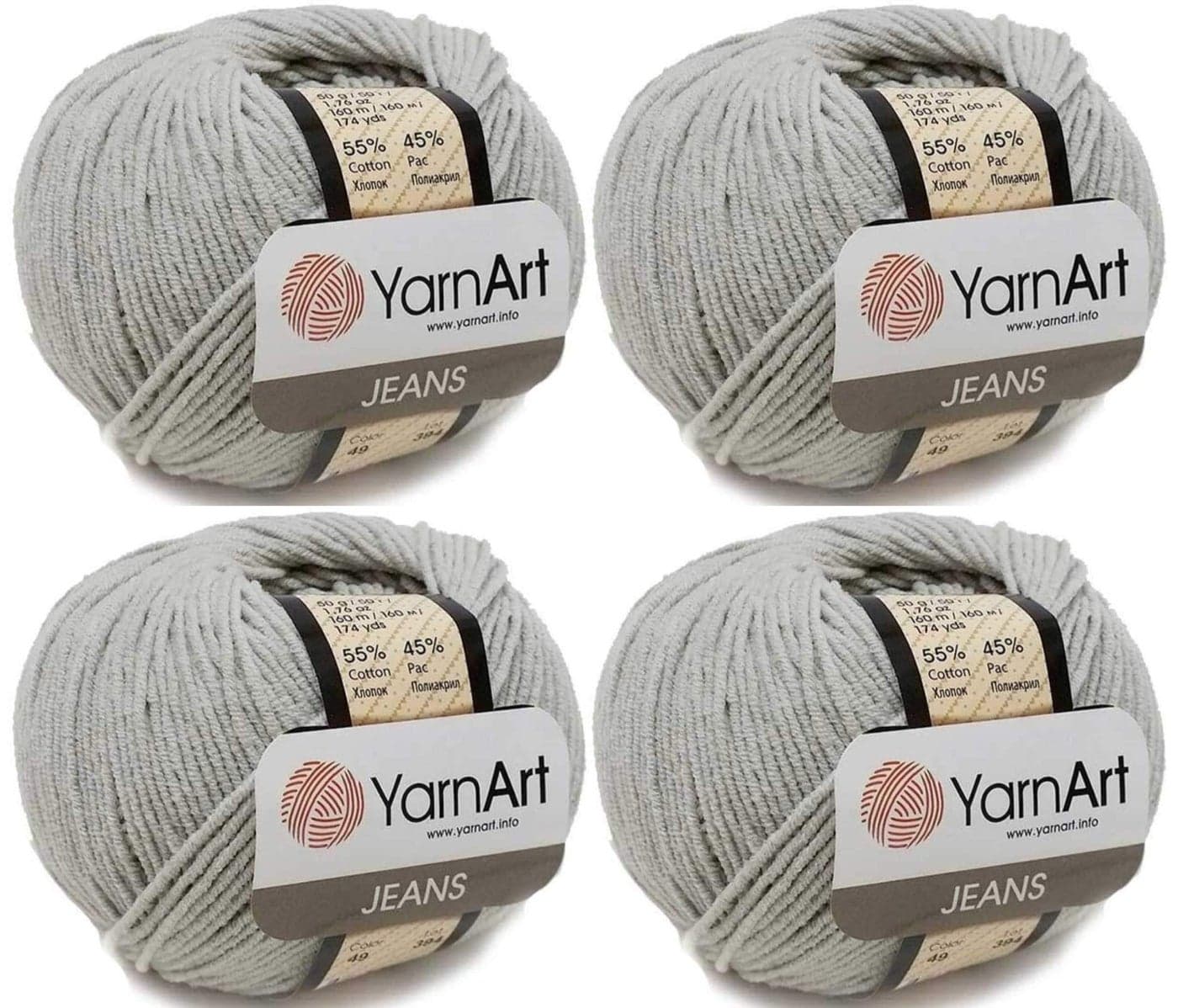 4 Skeins YarnArt Jeans 55 Cotton 45 Acrylic Yarn Blend Thread Crochet Hand Knitting Art Lot of 4skn 200 gr 696 yds 49Light Grey