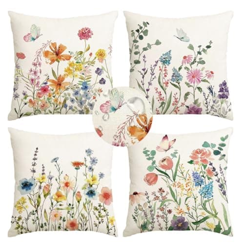 RABUSOFA Floral Butterfly Summer Pillow Covers Set of 4,Seasonal Flower Decorative Throw Cuchion Cases Spring Summer Decorations for Home Patio Couch Decor 18x18 Inch