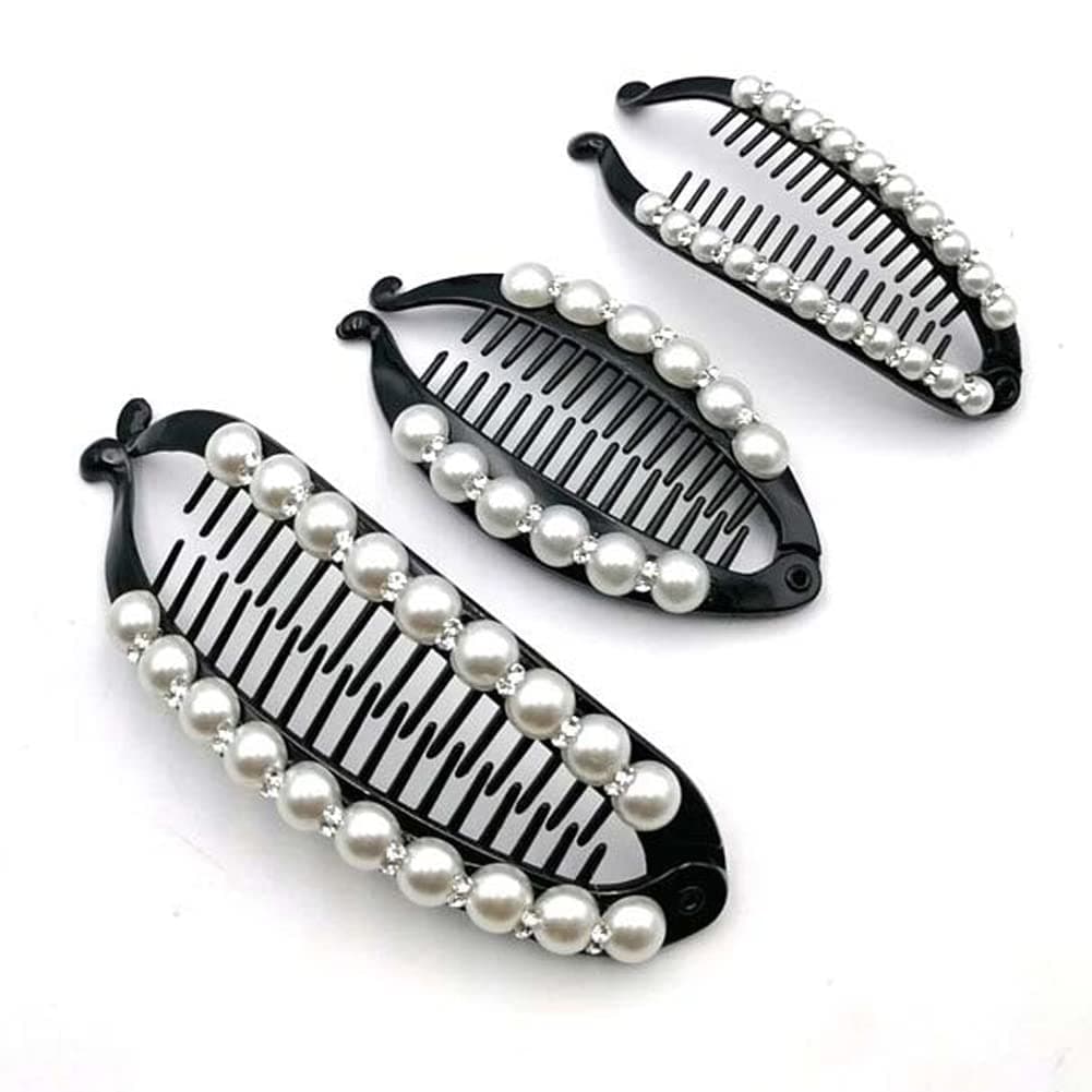 3Pcs Faux Pearl Rhinestone French Banana Clip Ponytail Vertical Clip Hair Clincher Hair Comb Fishtail Clip Grips Clamp Headwear Styling Hair Accessories for Women Teen Girls Black