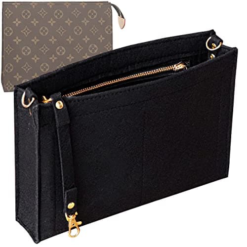Soyizom Toiletry Pouch - 26cm Bag Organizer Insert, Felt Purse Organizer Insert for Ladies Tote Handbag Liner with Keychain & Gold Buckle & Zip (Large, Black)