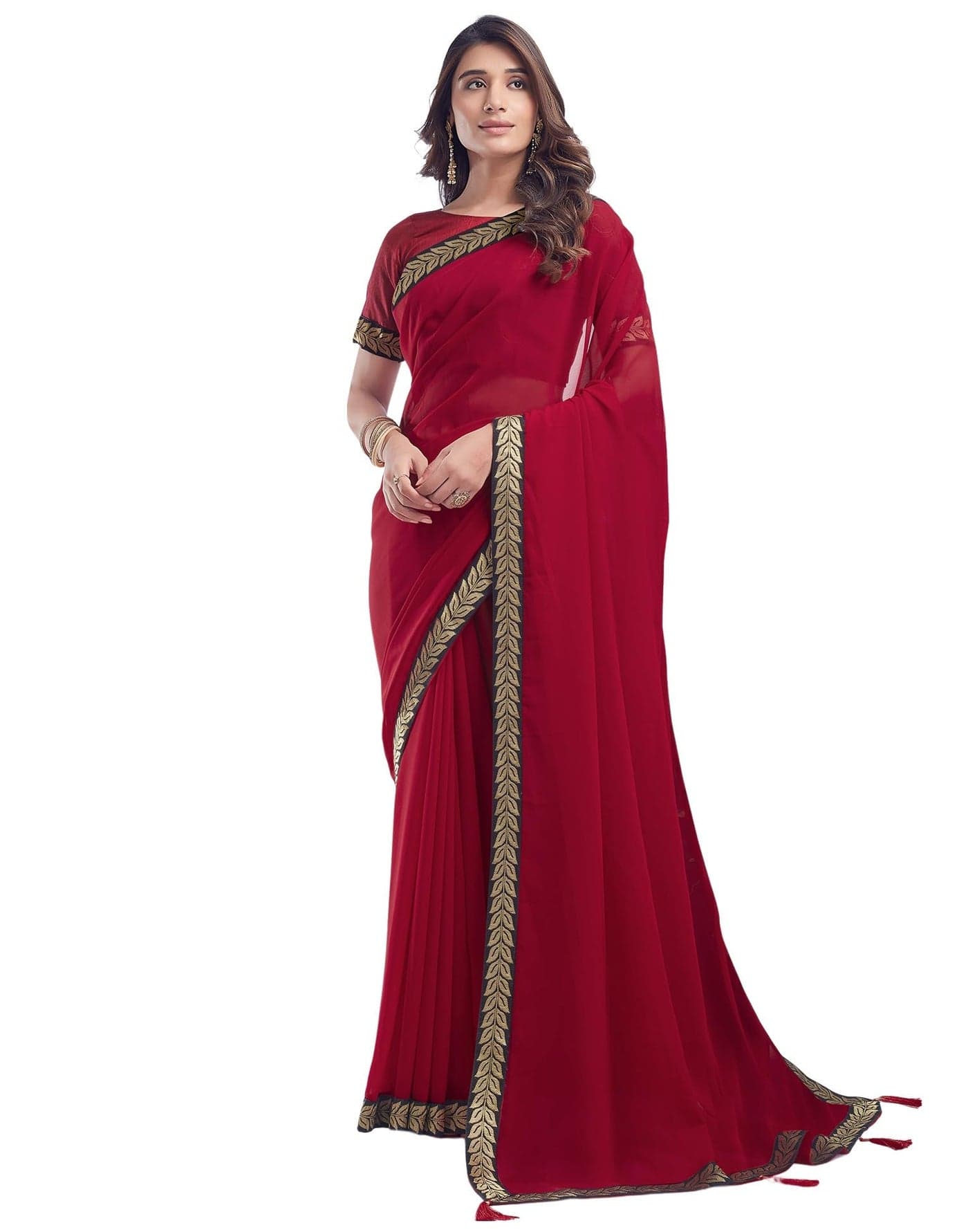 SIRIL Women's Georgette Lace Boarder Saree with Unstitched blouse Piece (3736S2631_Red)