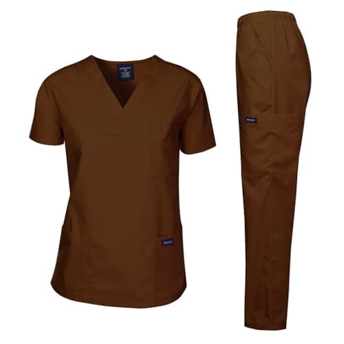 Dagacci Medical Uniform Womens and Mens Scrub Set Unisex Medical Scrub Shirt Top and Pant, Brown, Medium