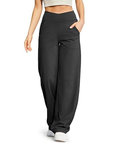 G4Free Petite Wide Leg Pants for Women Flare Dress Pants with Pockets Cross Waist Stretch Bootleg Sweatpants for Casual Work(Black,S,29")