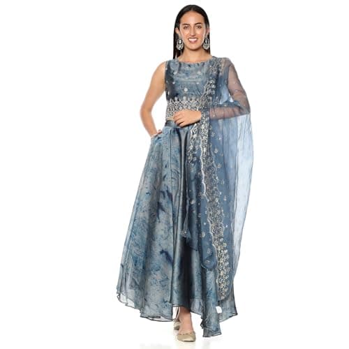 Rangriti Women's Blue Poly Georgette Straight Printed Crop Top Skirt Set_42