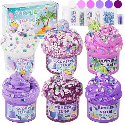 LAWOHO 6 Packs Gradient Purple Slime Kit Cloud Butter Clear Slimes Crunchy Slimes Kits for Kids with Beach Charms Addins Party Favors for Girls Boys 360ml Soft Non Stick Slime Making Kit