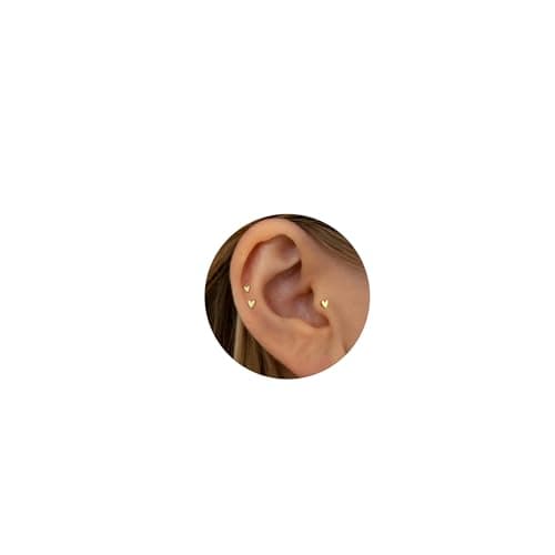 Tiny Heart Stud Earrings, Gold Titanium Flat Back Earrings 18G, Threadless Cartilage Tragus Piercing Conch Stud Nose Helix Stud