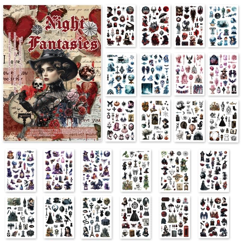 Bomichi Washi Stickers for Scrapbook 24 Sheets Goth Sticker Book for Journaling Dark Aesthetic PreCut Stickers Book for Junk Journal Supplies Collage DIY Crafts Phone Cases Adult
