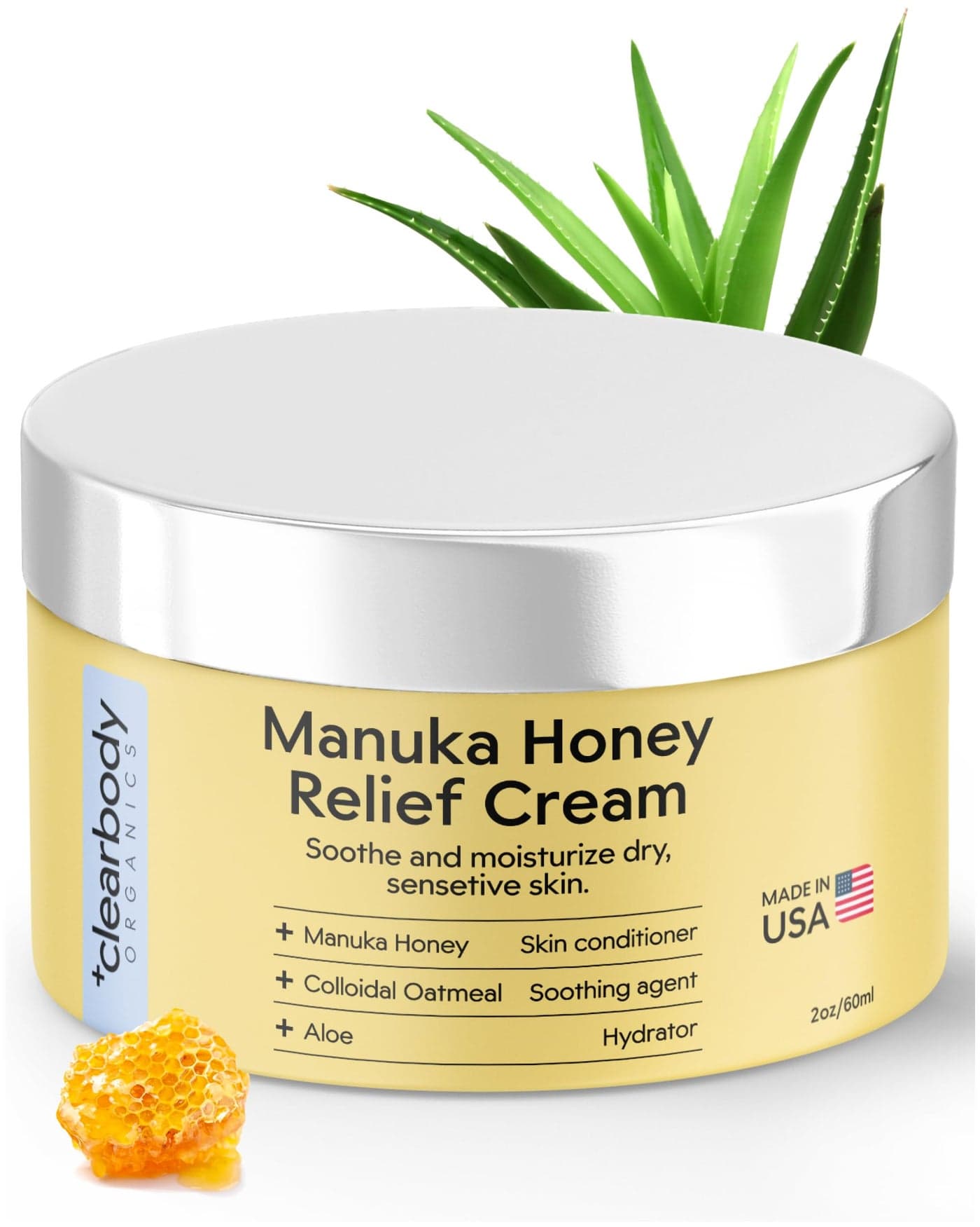Clearbody Organics Manuka Honey Cream 2 fl oz Pack of 1 Soothing Eczema Cream Deep Hydration with Colloidal Oatmeal Instant Manuka Relief for Dry Itchy Skin