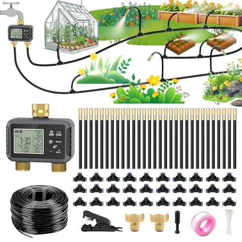 120FT Drip Irrigation System with Smart Water Timer Automatic Garden Watering Kit with Dual Metal Tube Brass Connectors 360 Adjustable Nozzles Bendable Tubing for Garden Greenhouse Lawn