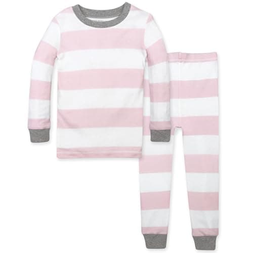 Burt's Bees Baby baby girls Pajamas, Tee and Pant 2-piece Pj Set, 100% Organic Cotton Pajama Set, Blossom Rugby Stripe, 12 Months US
