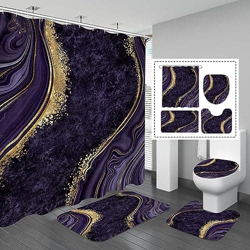 Gibelle 4 Pcs Luxury Marble Shower Curtain Set with Non-Slip Rugs, Toilet Lid Cover and Bath Mat, Gold Foil Purple Bathroom Decor Set with Shower Curtain and Rugs and Accessories